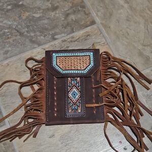 Brown Fringe Wallet with Blue and Tan Accents